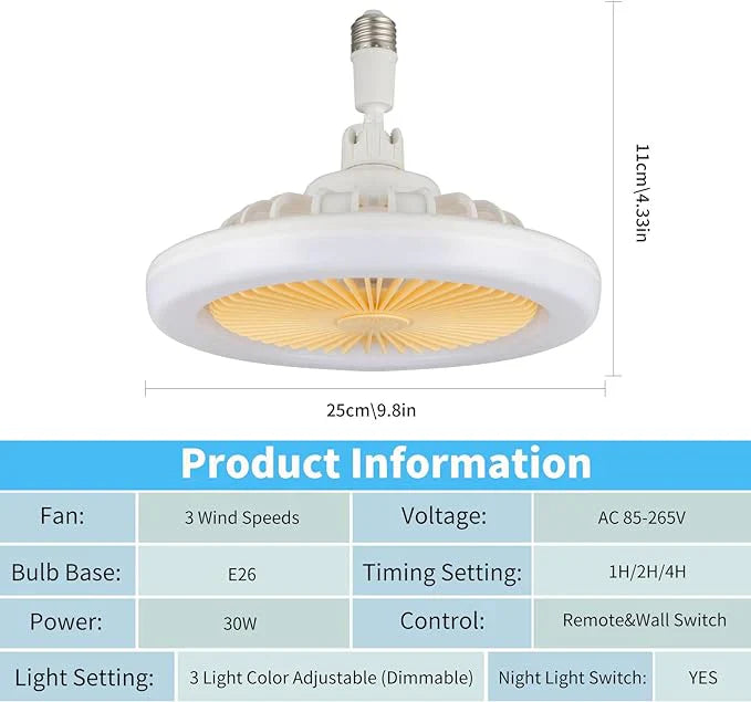 Modern Dimmable Ceiling Fan with Lights & Remote – 3 Speeds, 3 Color Modes,